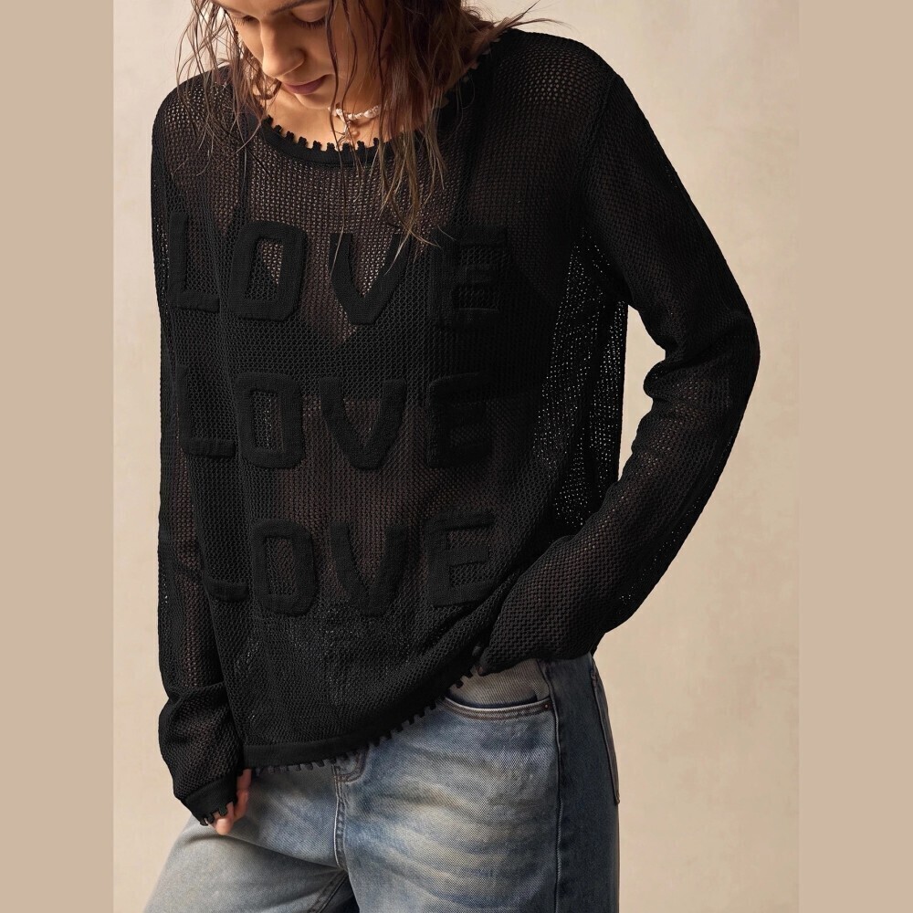 Black Sheer Mesh Knit Love Letter Applique Long Sleeve Sweater